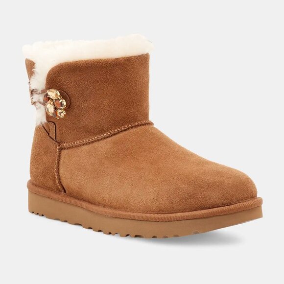 UGG MINI BAILEY BUTTON GEM CHESTNUT, Size 10 - Picture 2 of 10